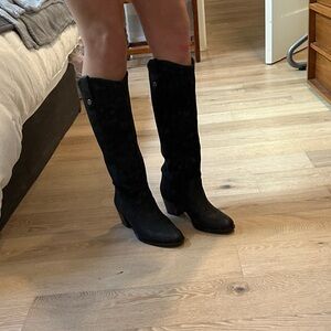 Black Leather Knee-High Western Style Women's Boots